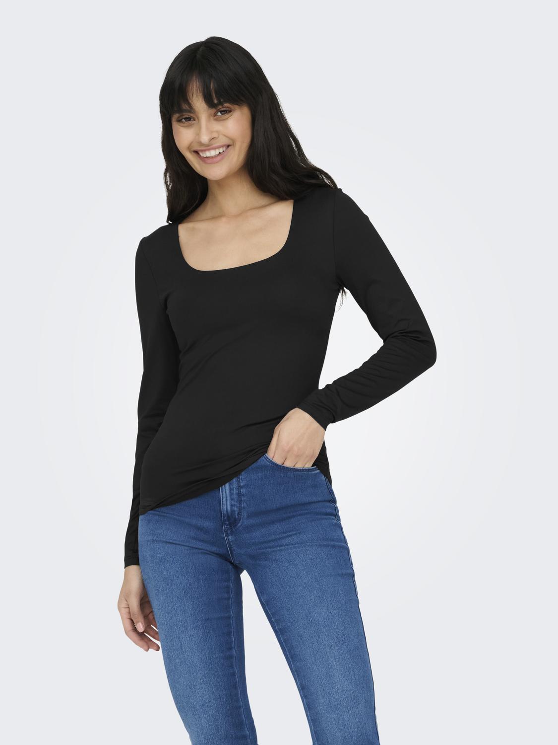 OnlEa L/S 2-way Deep Neck Top Black
