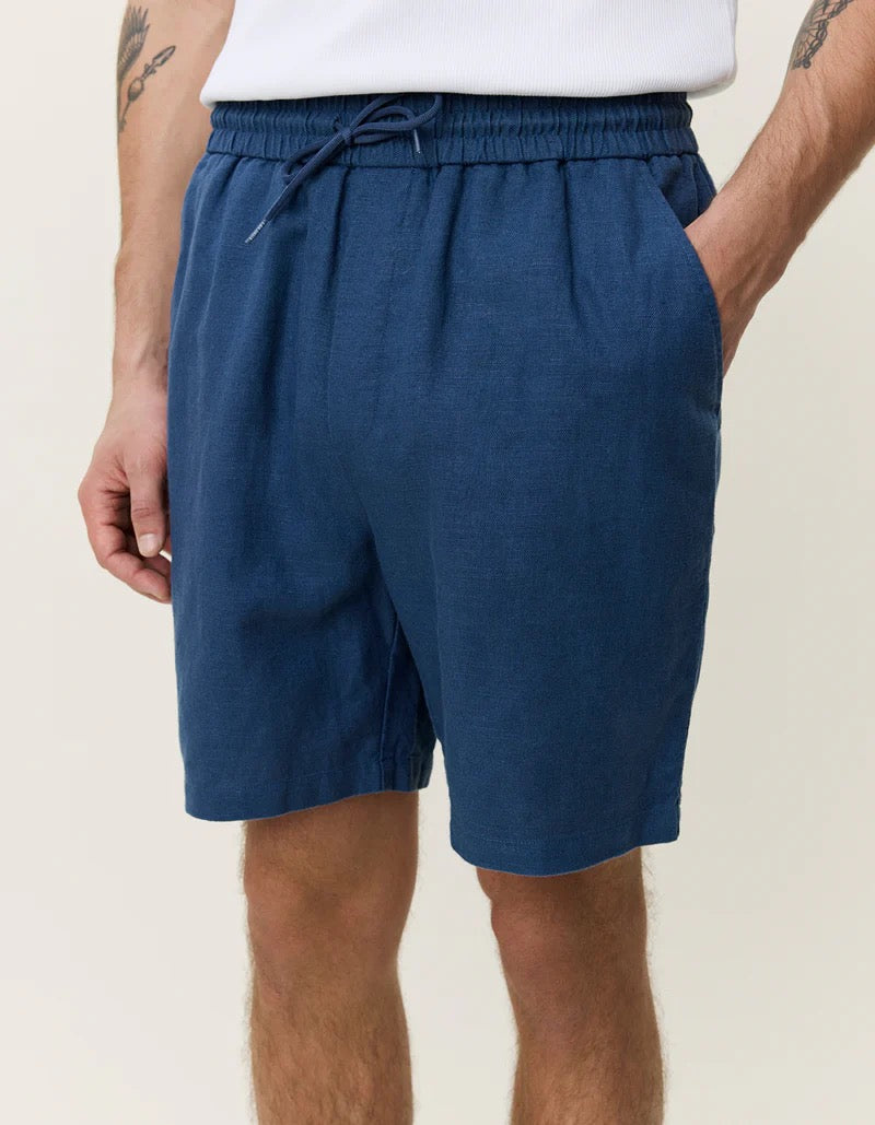 Drawstring Linen Shorts Dark Denim Blue