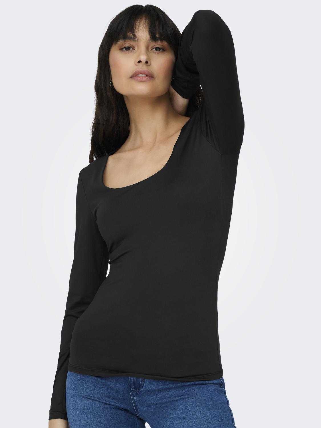 OnlEa L/S 2-way Deep Neck Top Black