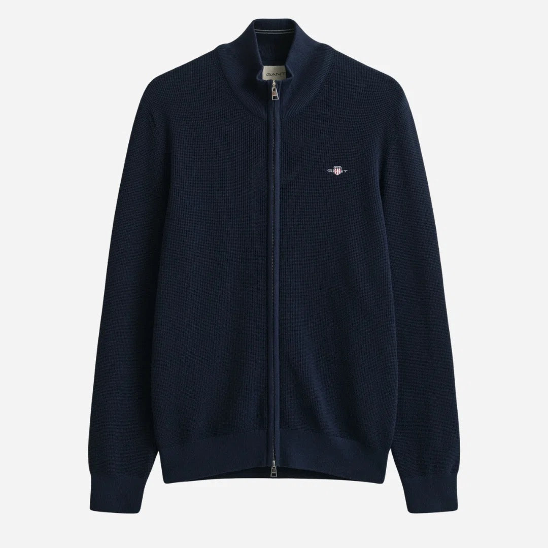 Waffle Knit Zip Cardigan Evening Blue