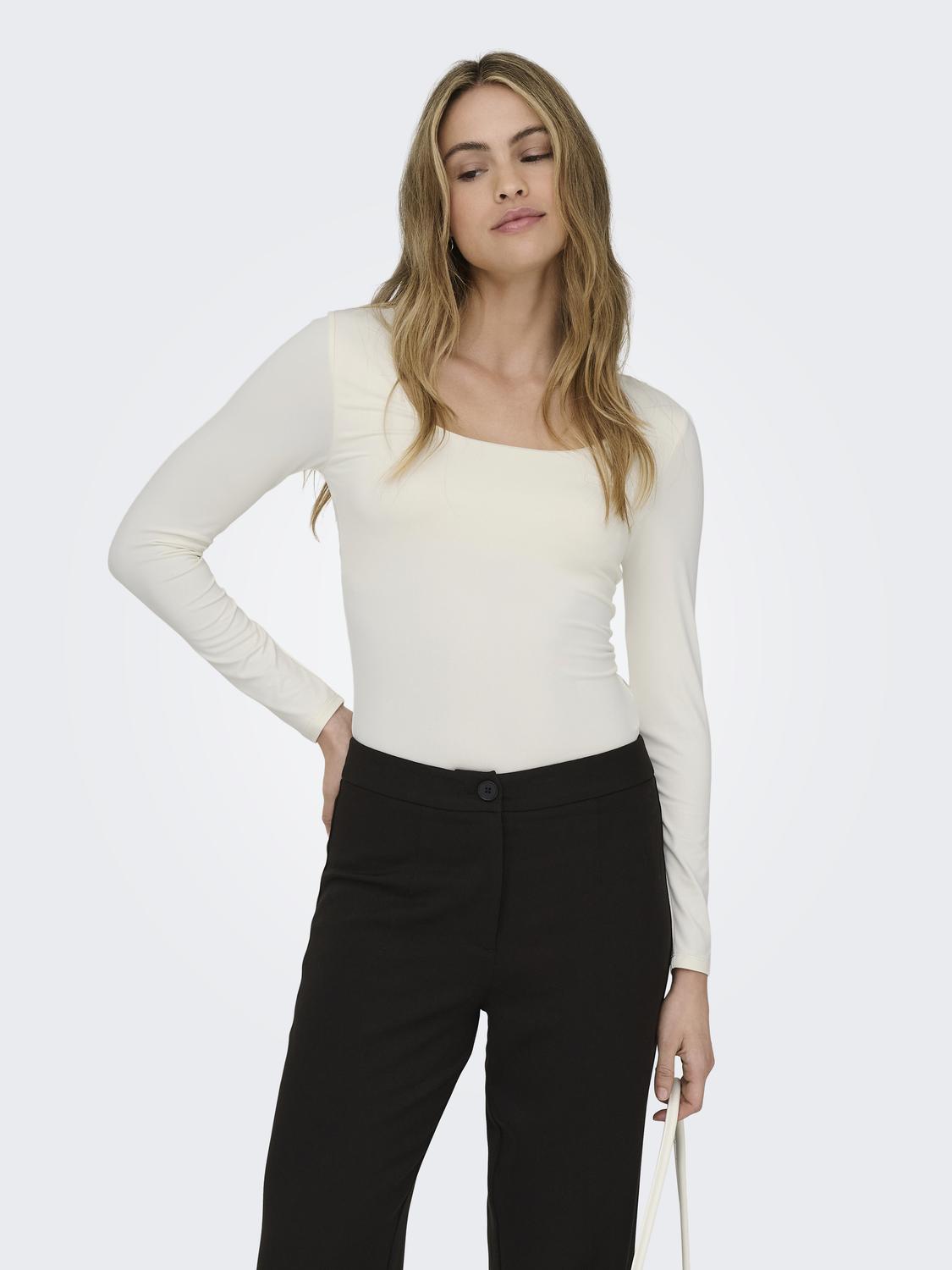 OnlEa L/S 2-way Deep Neck Top Cloud Dancer
