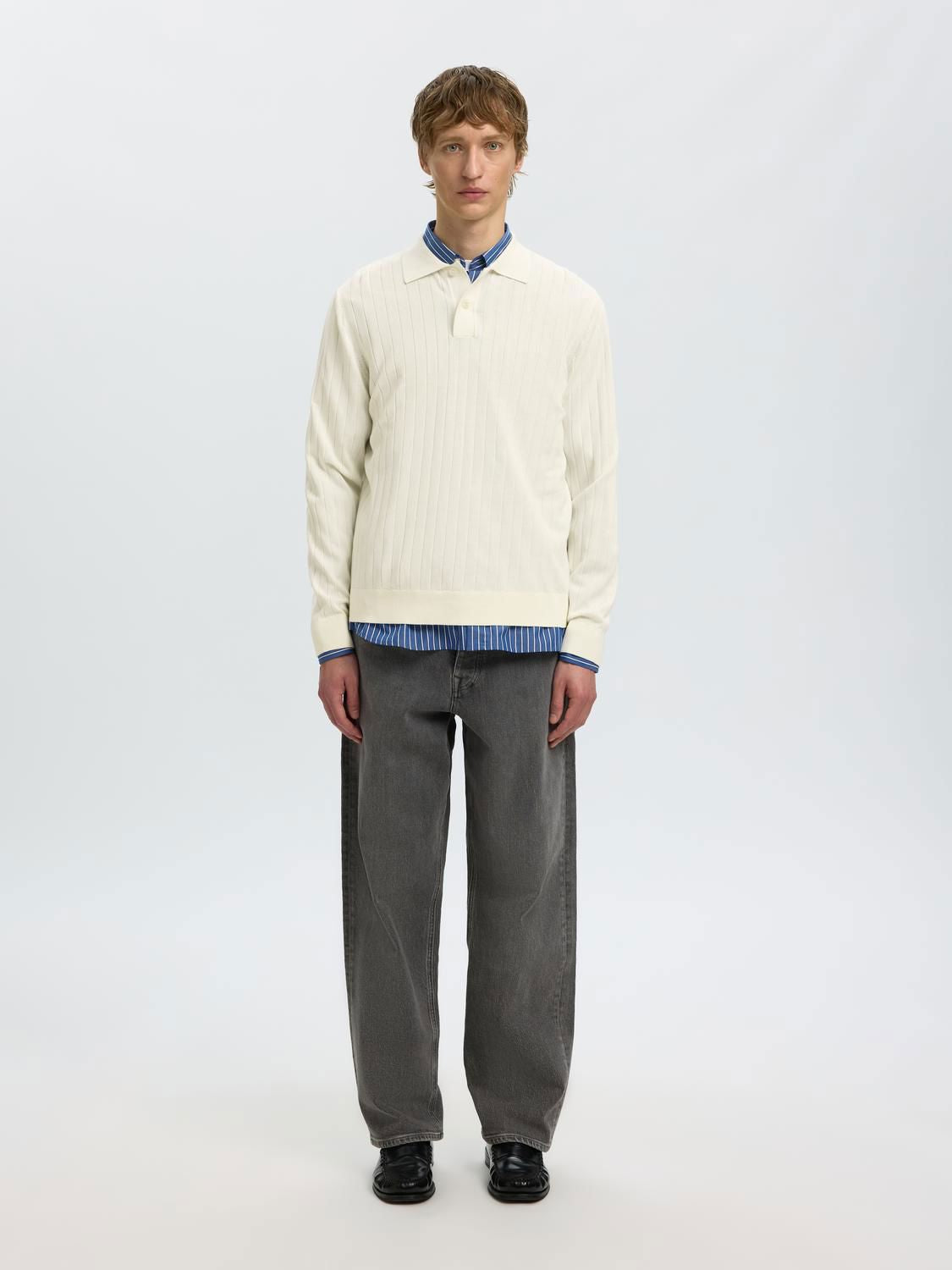 Slmtorino Ls Knit Rib Polo Egret