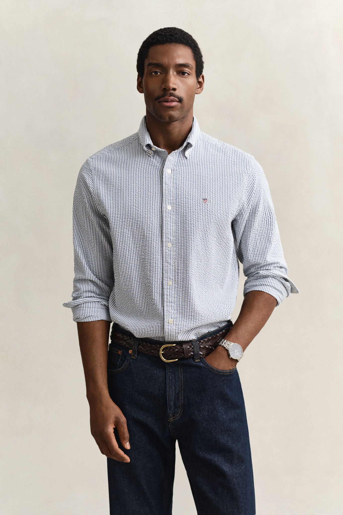 Reg Seersucker Stripe Shirt Vintage Blue