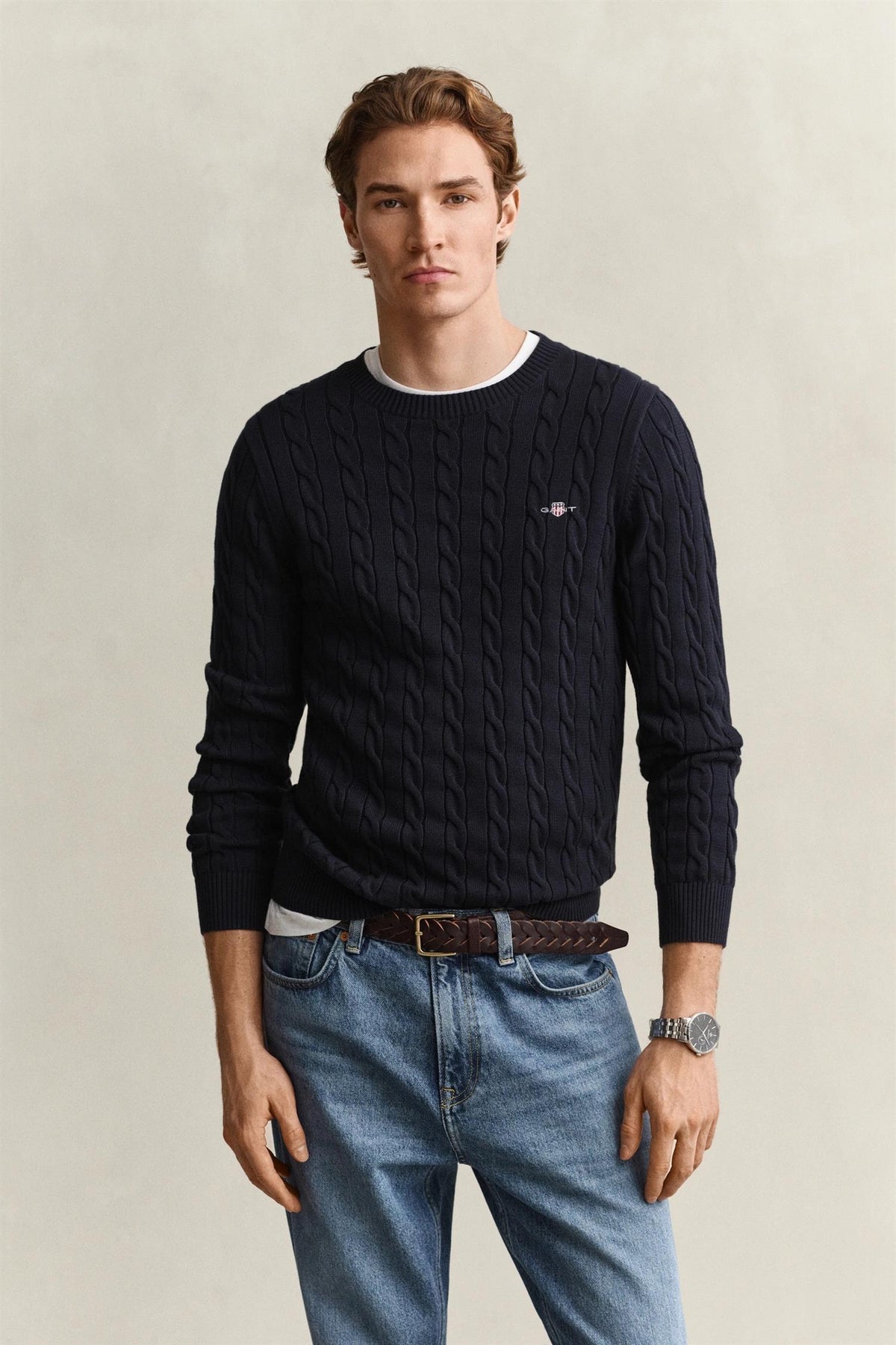 Classic Cable Knit Sweater Evening Blue