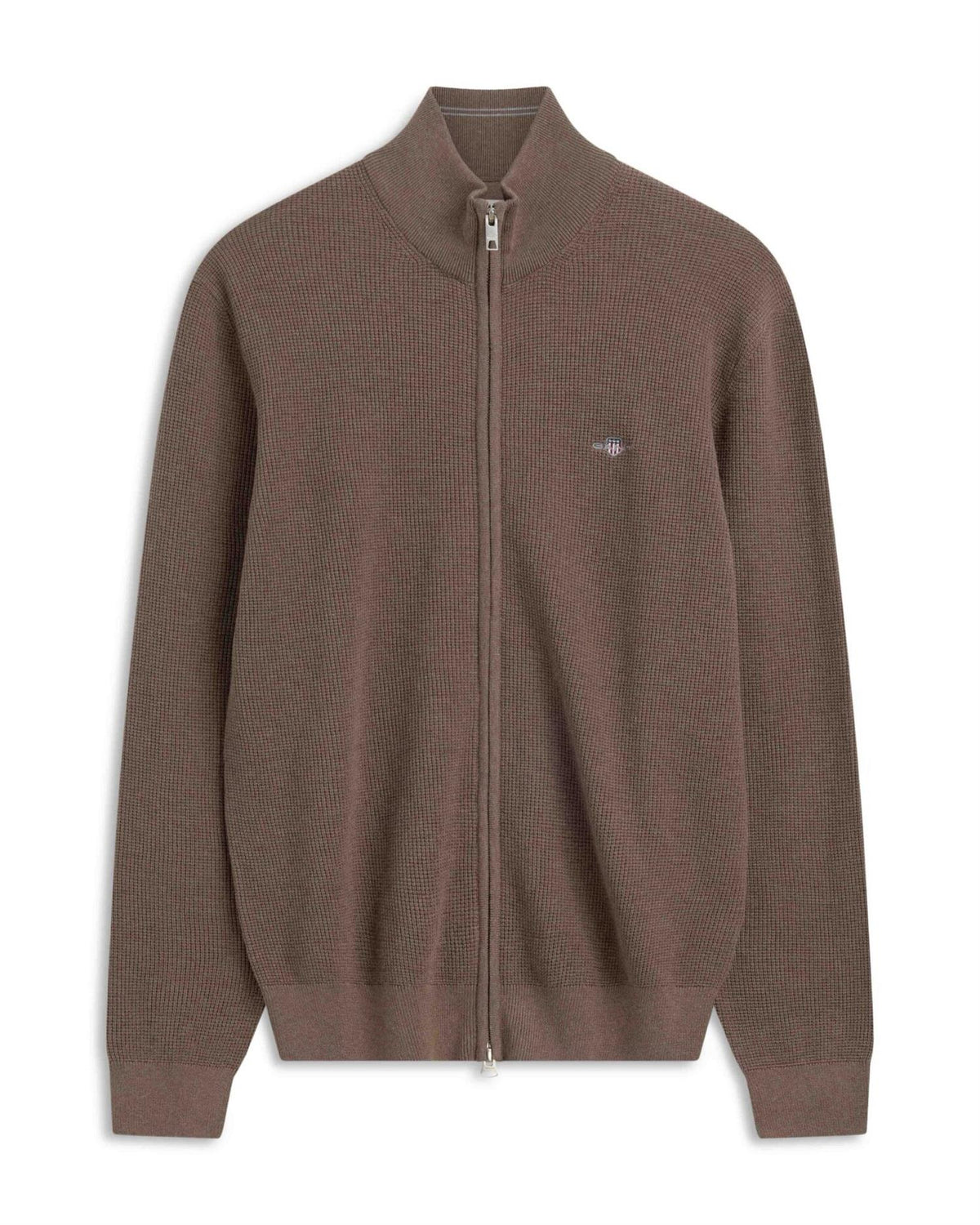 Waffle Knit Zip Cardigan Dark Hazelnut Melange