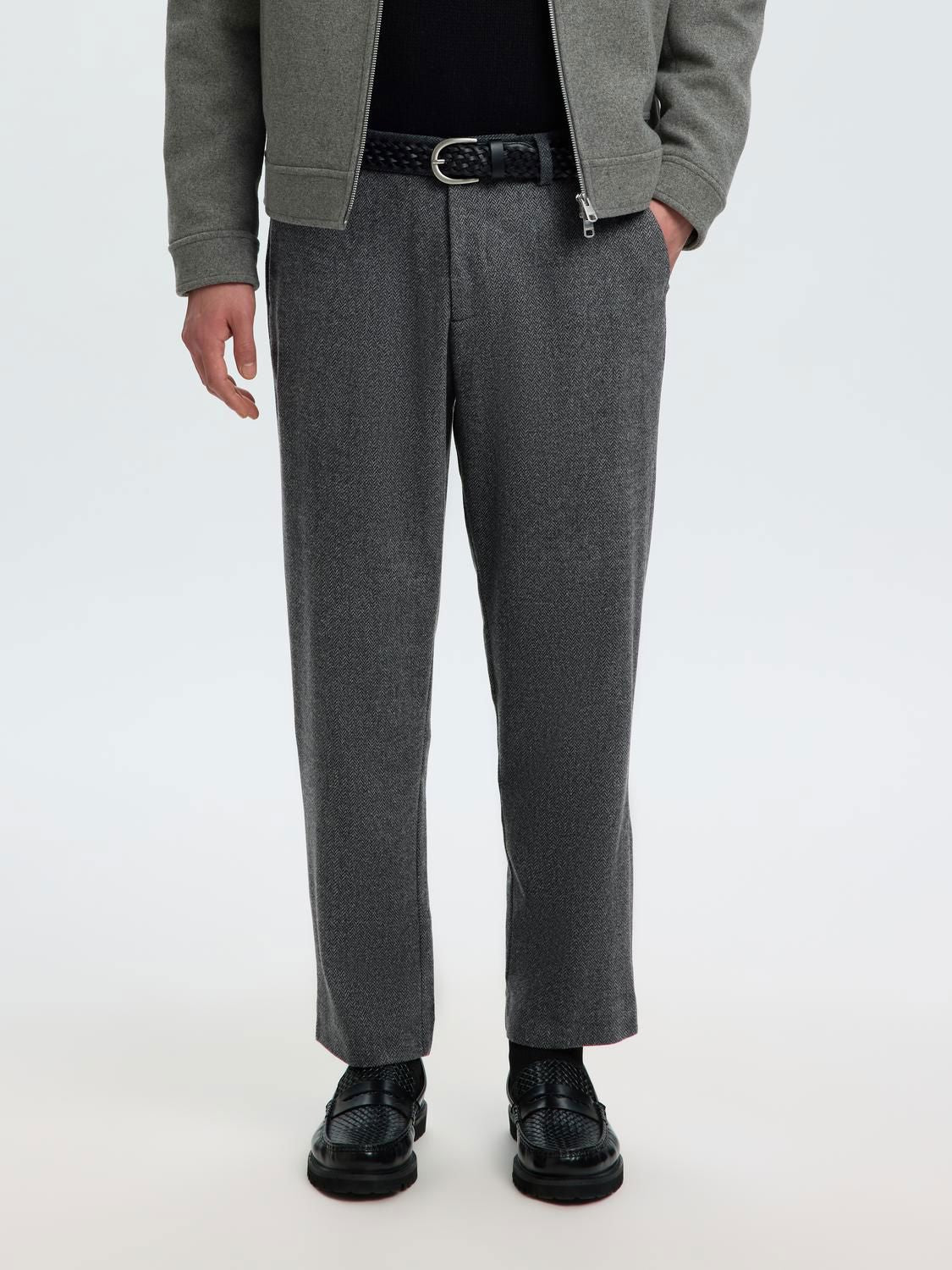 Slm190-Reg Tape Luke Wool Blend Pants Dark Grey Herringbone