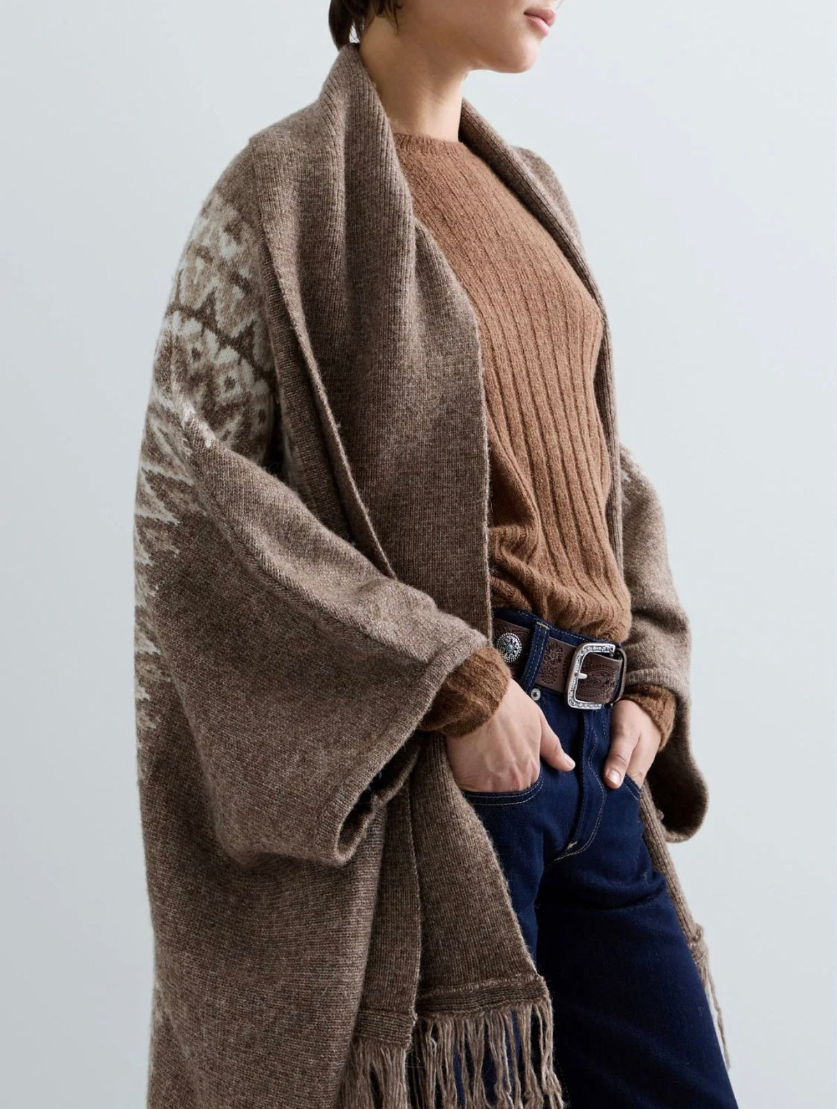 Long Pocho With Attached Scarf Nut Melange/Light Talpe Melange