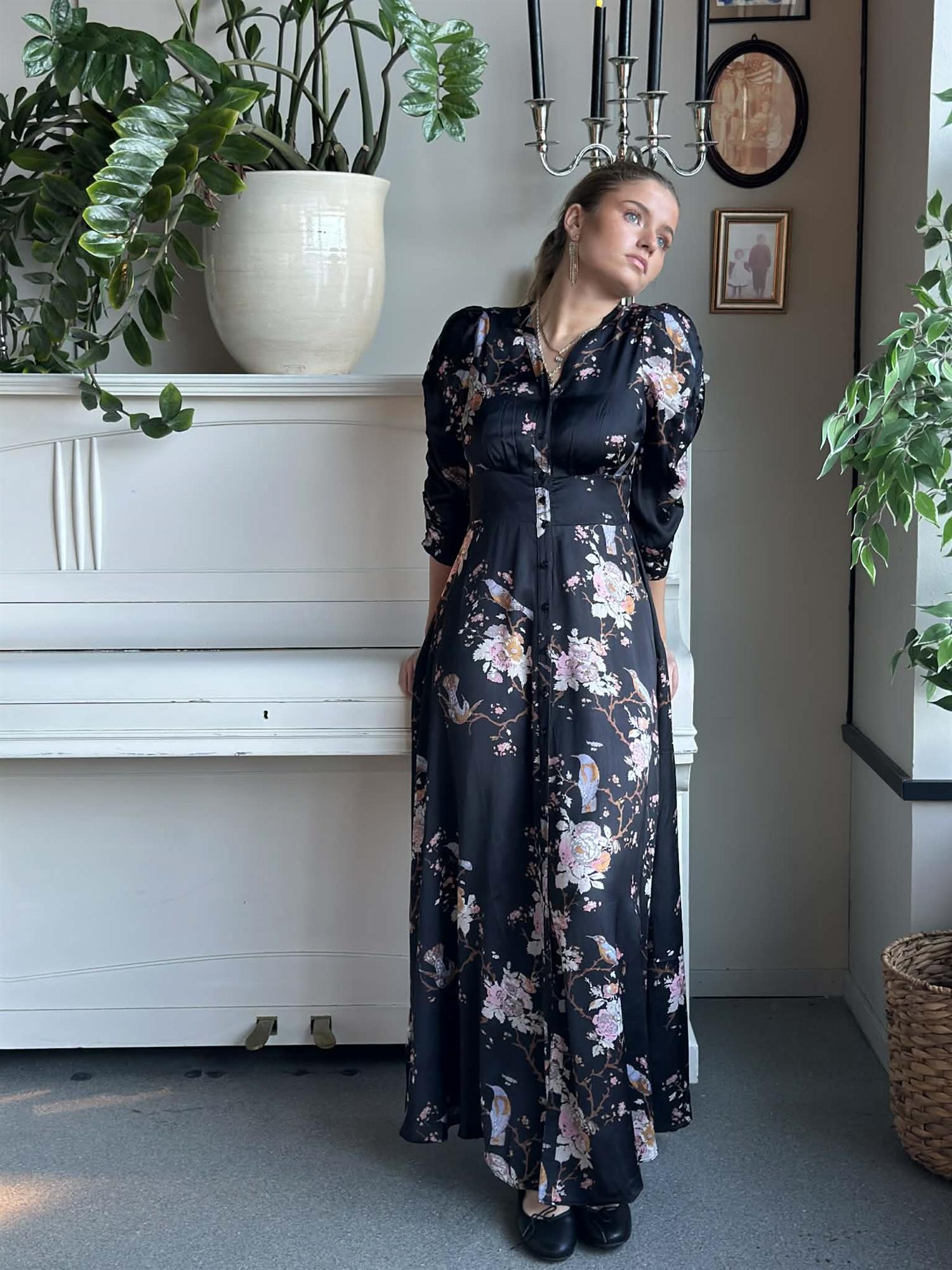 Satin Button-Down Dress Midnight Birds