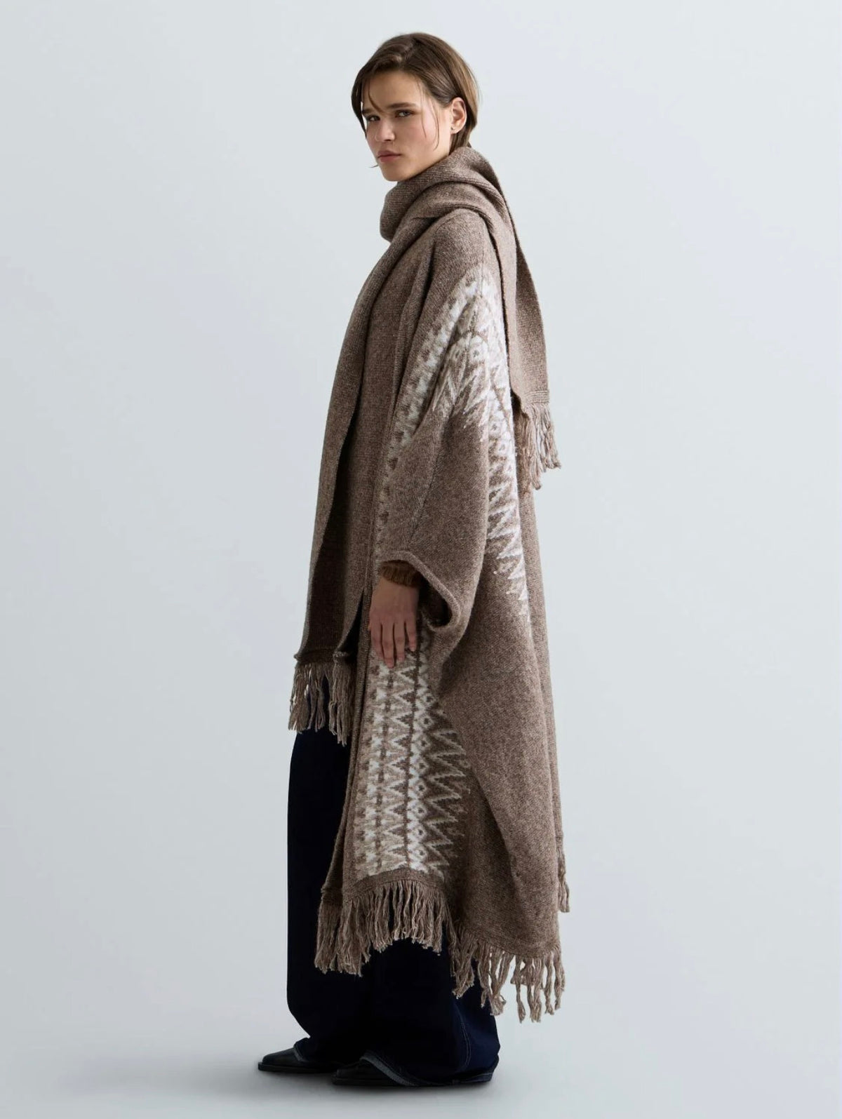 Long Pocho With Attached Scarf Nut Melange/Light Talpe Melange
