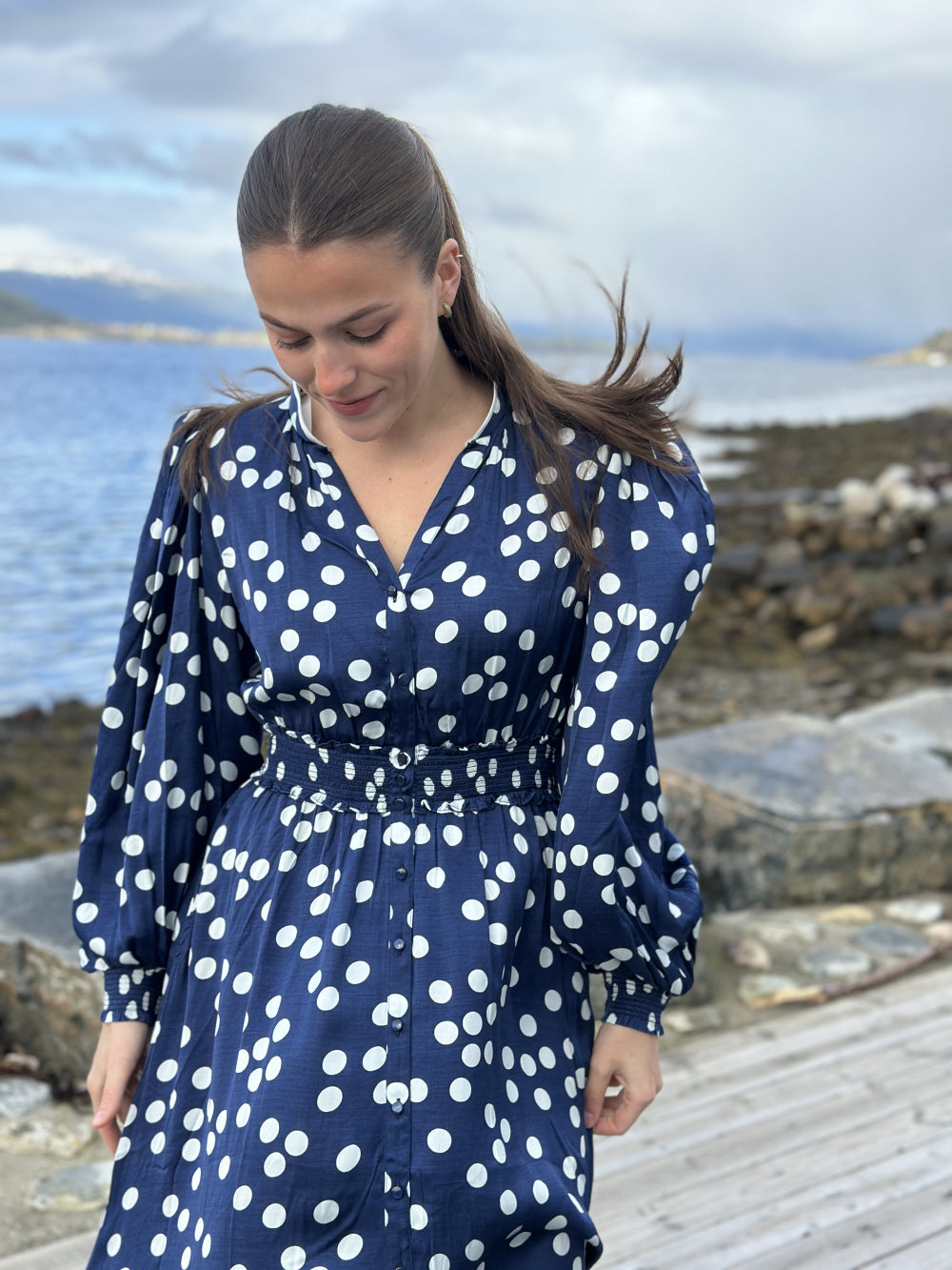Satin Button-Down Dress Dotted Blue
