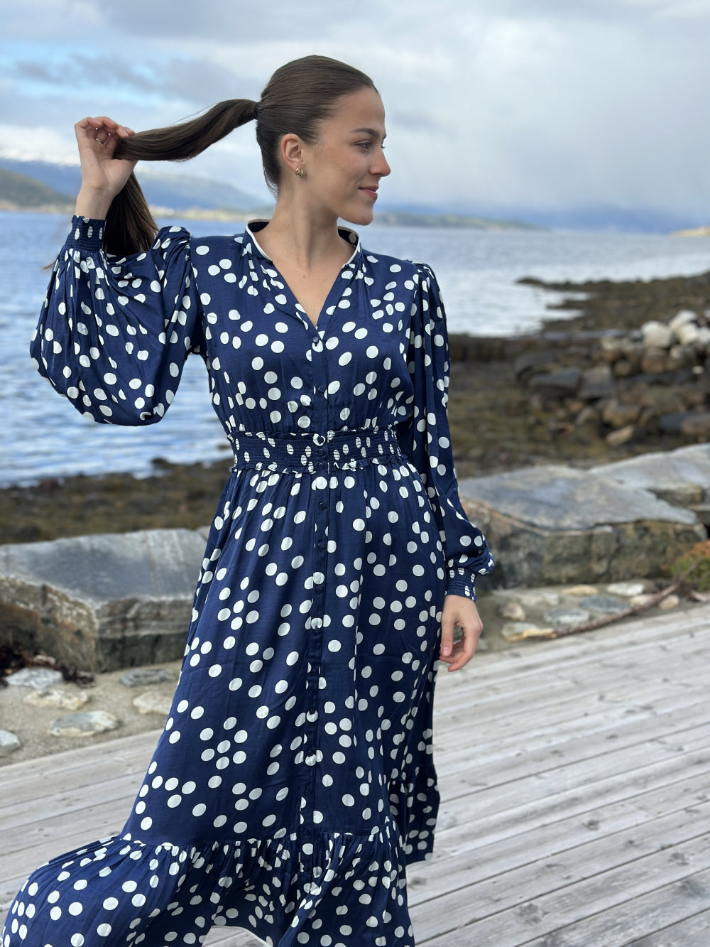 Satin Button-Down Dress Dotted Blue