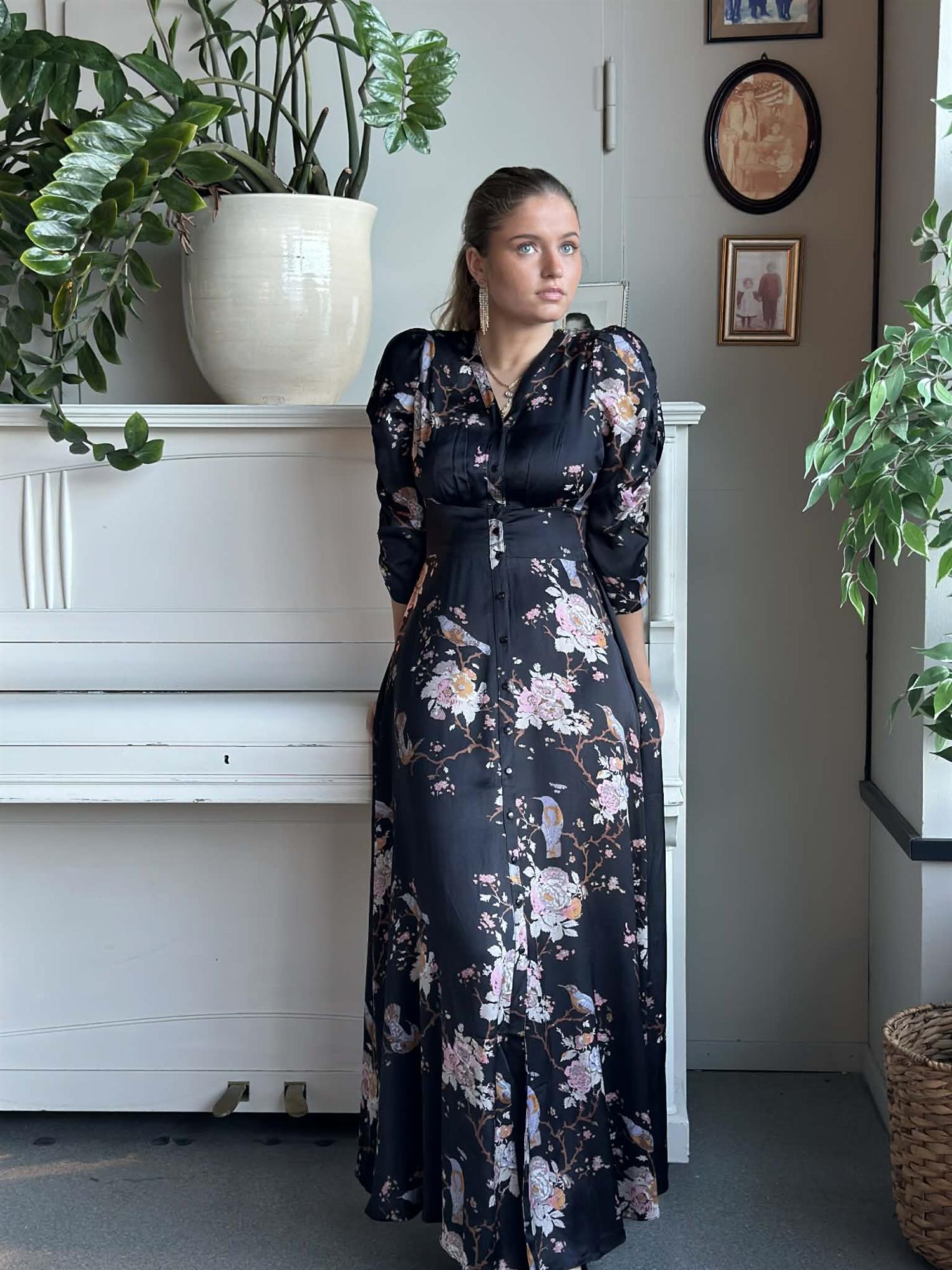 Satin Button-Down Dress Midnight Birds