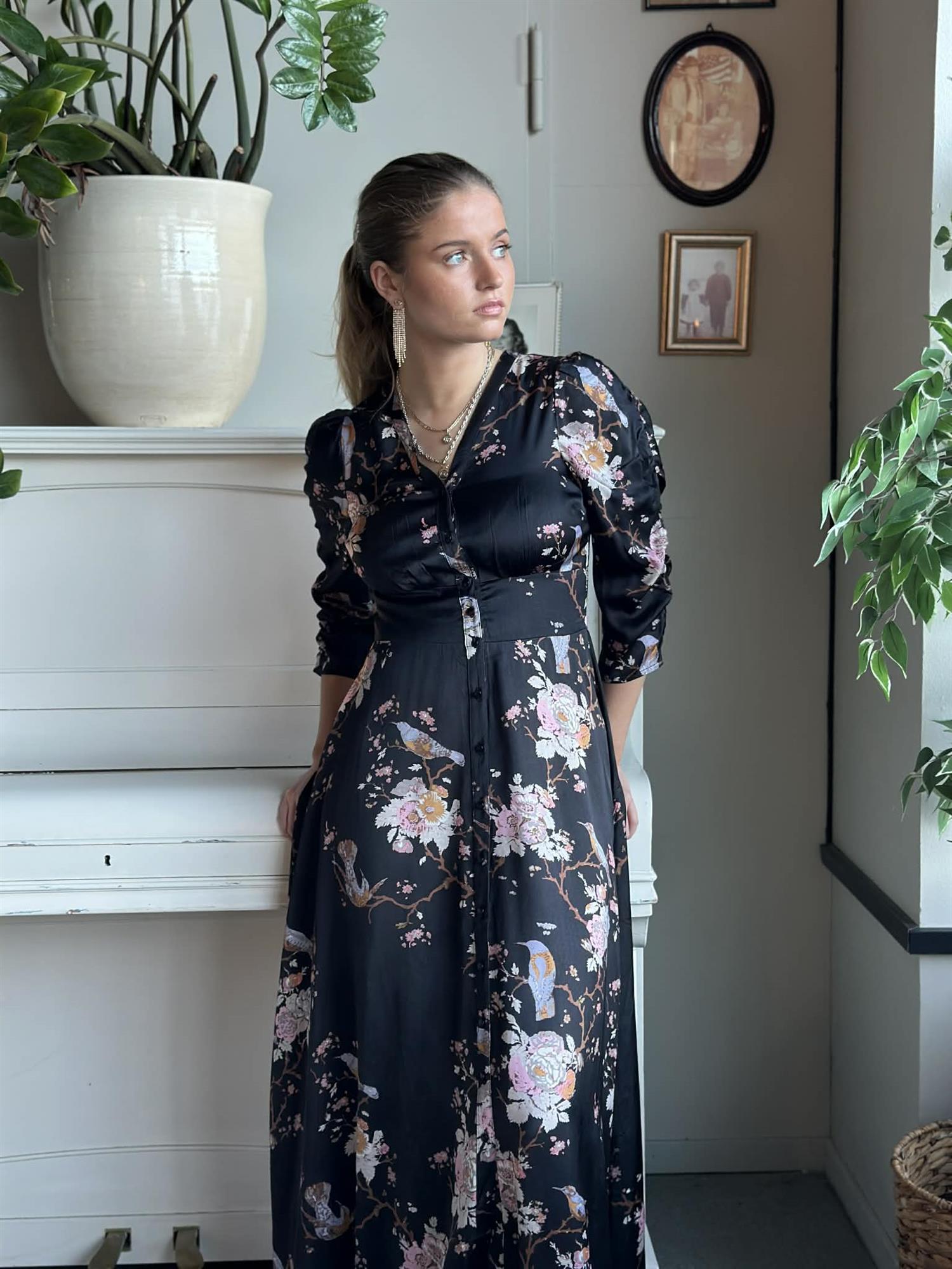 Satin Button-Down Dress Midnight Birds