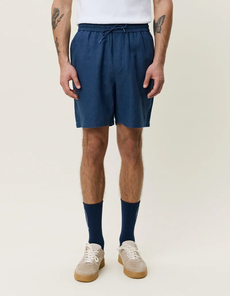 Drawstring Linen Shorts Dark Denim Blue