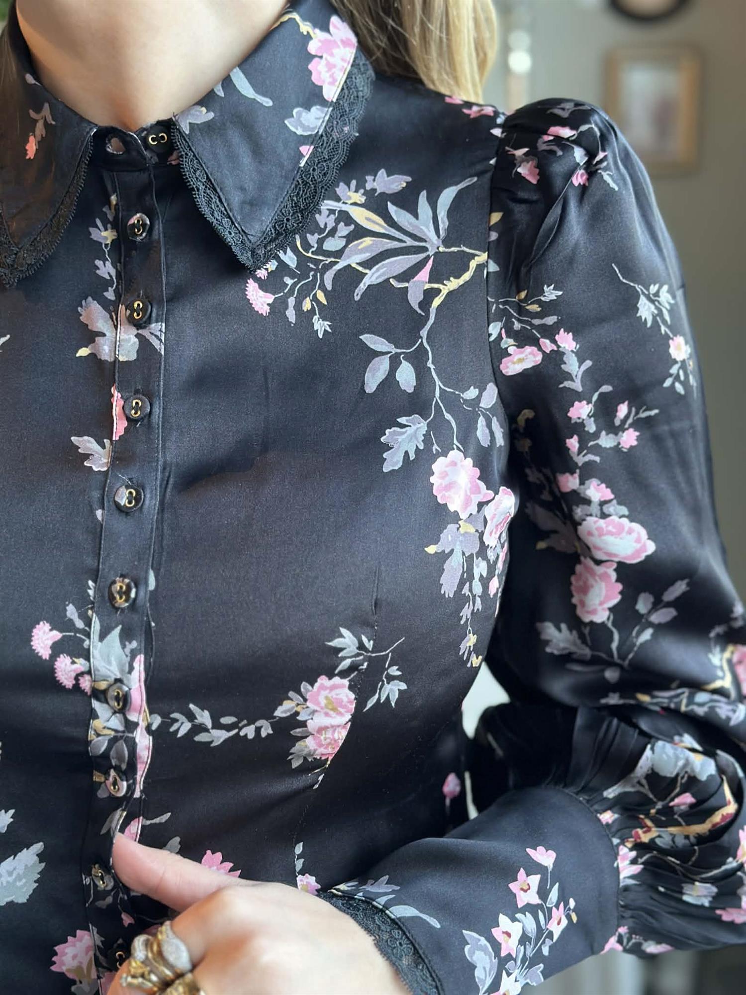 Satin Blouse Midnight Garden