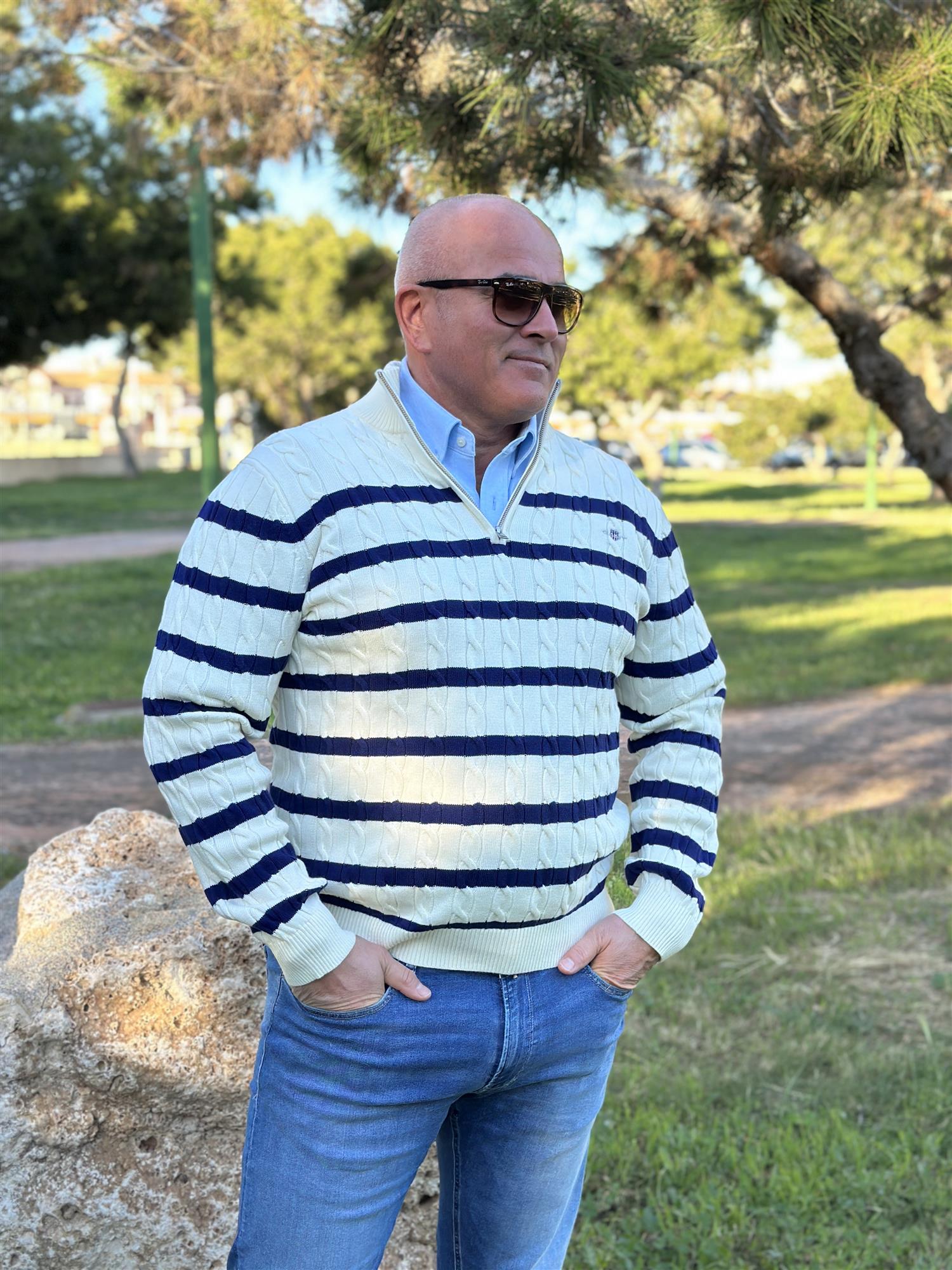 Striped Cotton Cable Half Zip