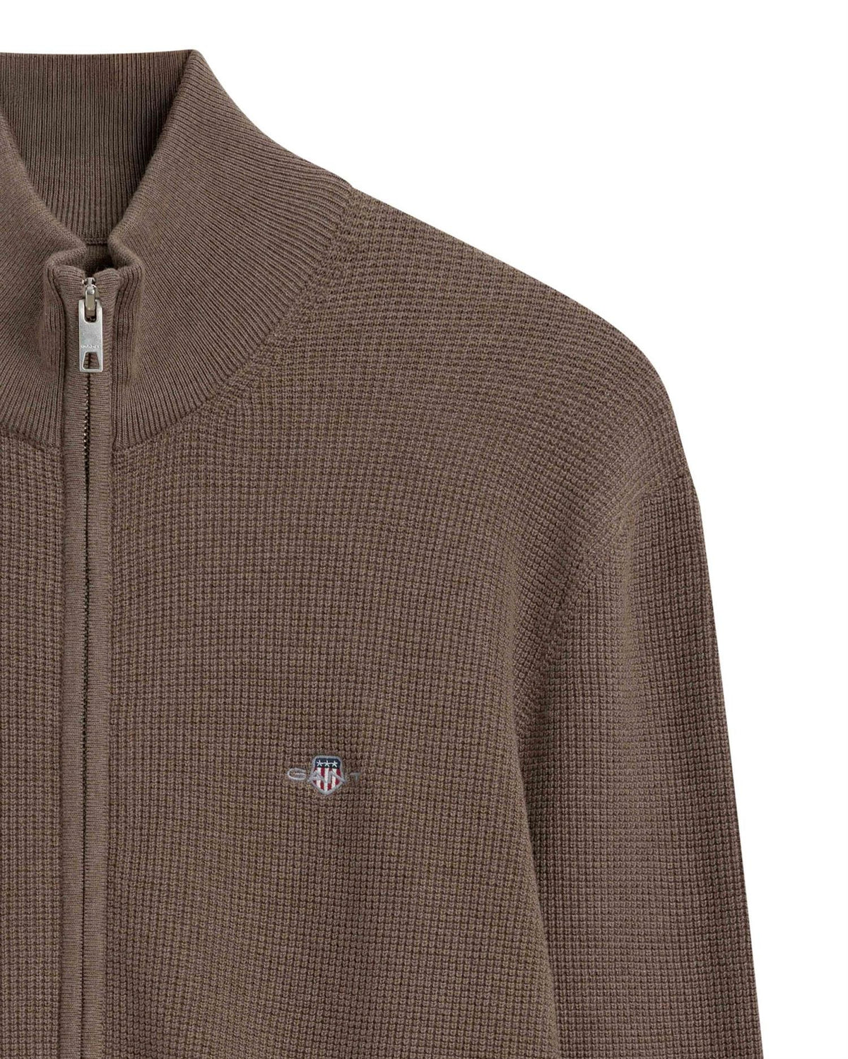 Waffle Knit Zip Cardigan Dark Hazelnut Melange