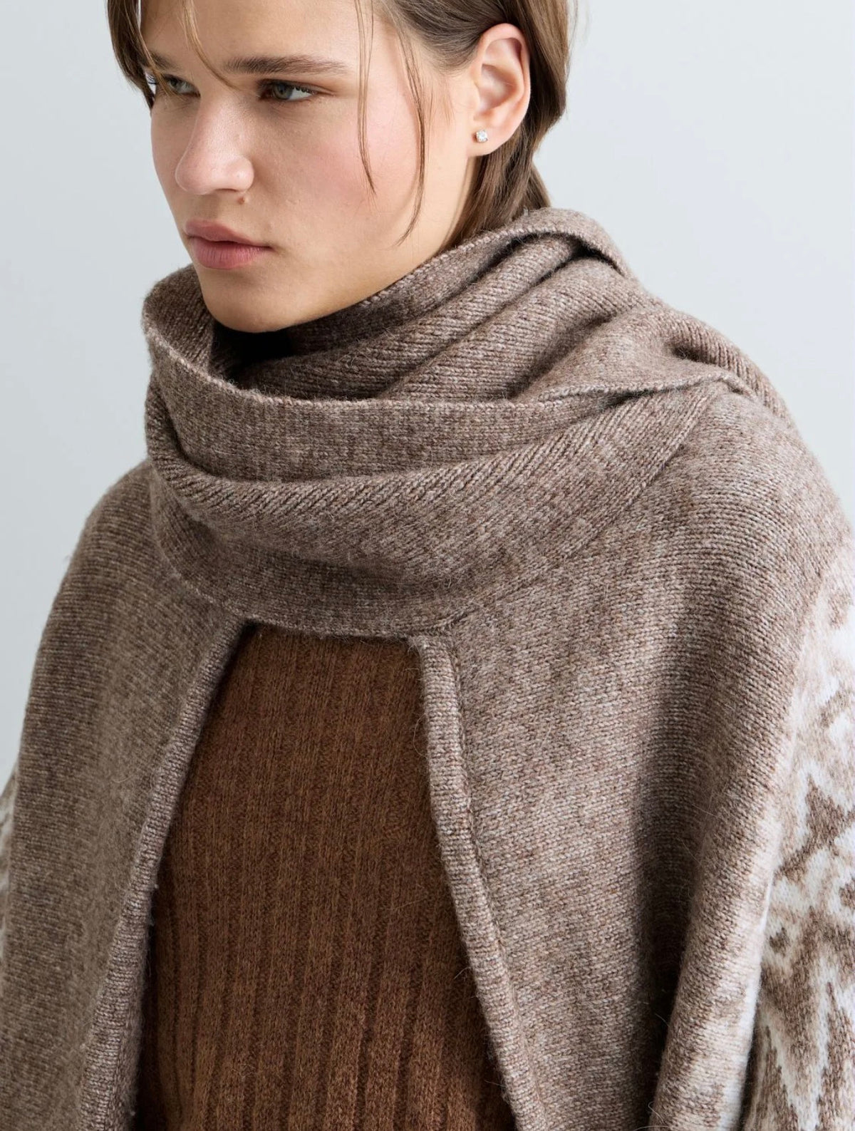 Long Pocho With Attached Scarf Nut Melange/Light Talpe Melange
