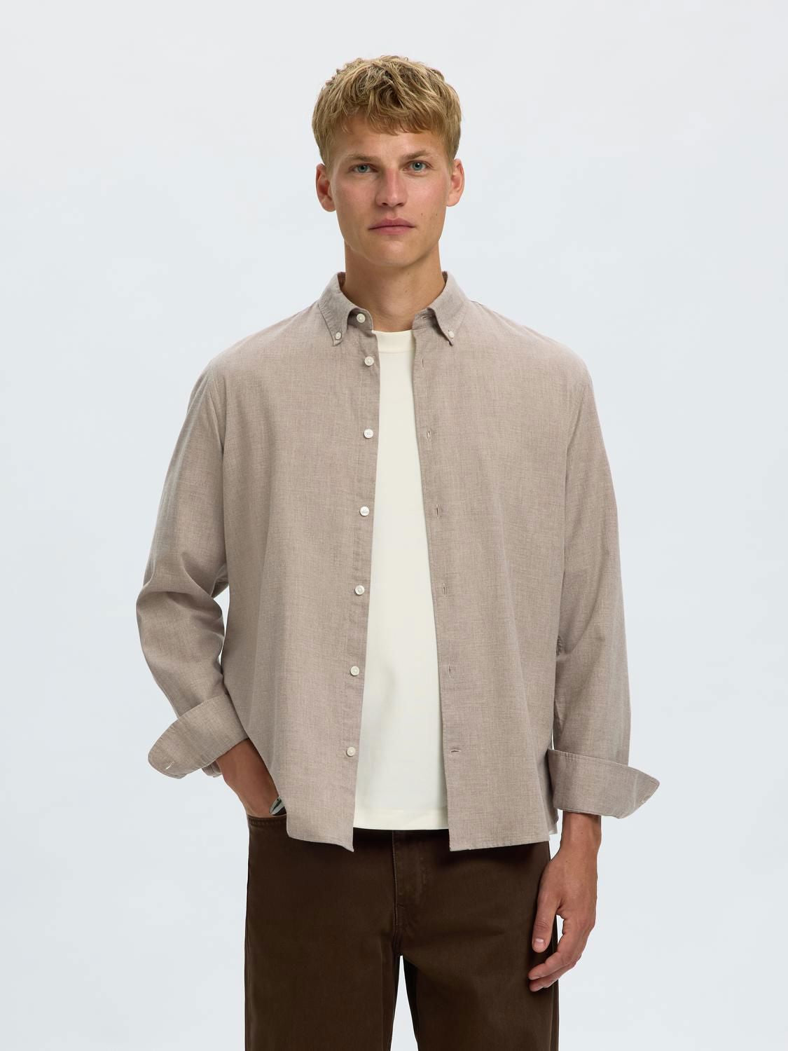 Slmcole-Jay Reg Melange Ls Shirt Cornstalk Melange