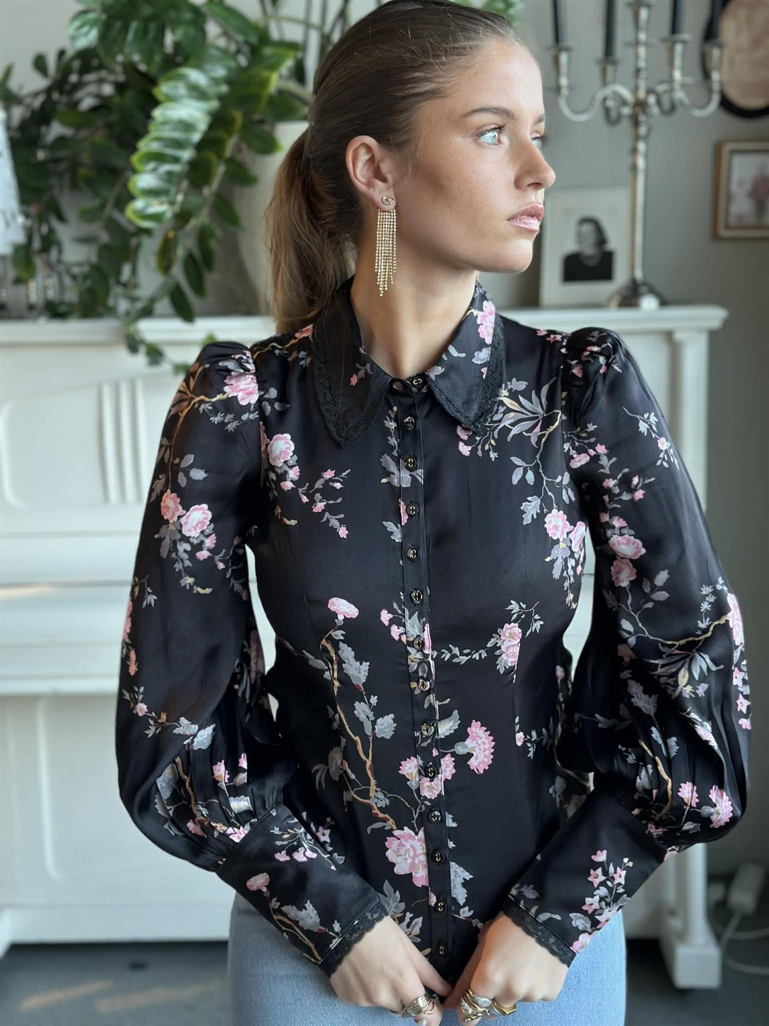 Satin Blouse Midnight Garden