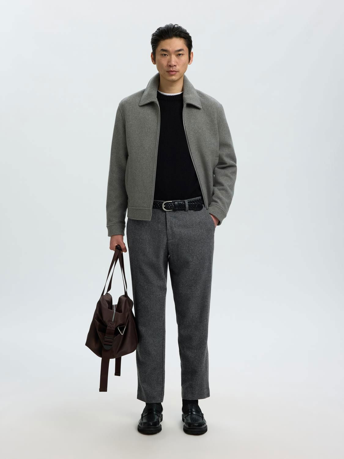 Slm190-Reg Tape Luke Wool Blend Pants Dark Grey Herringbone