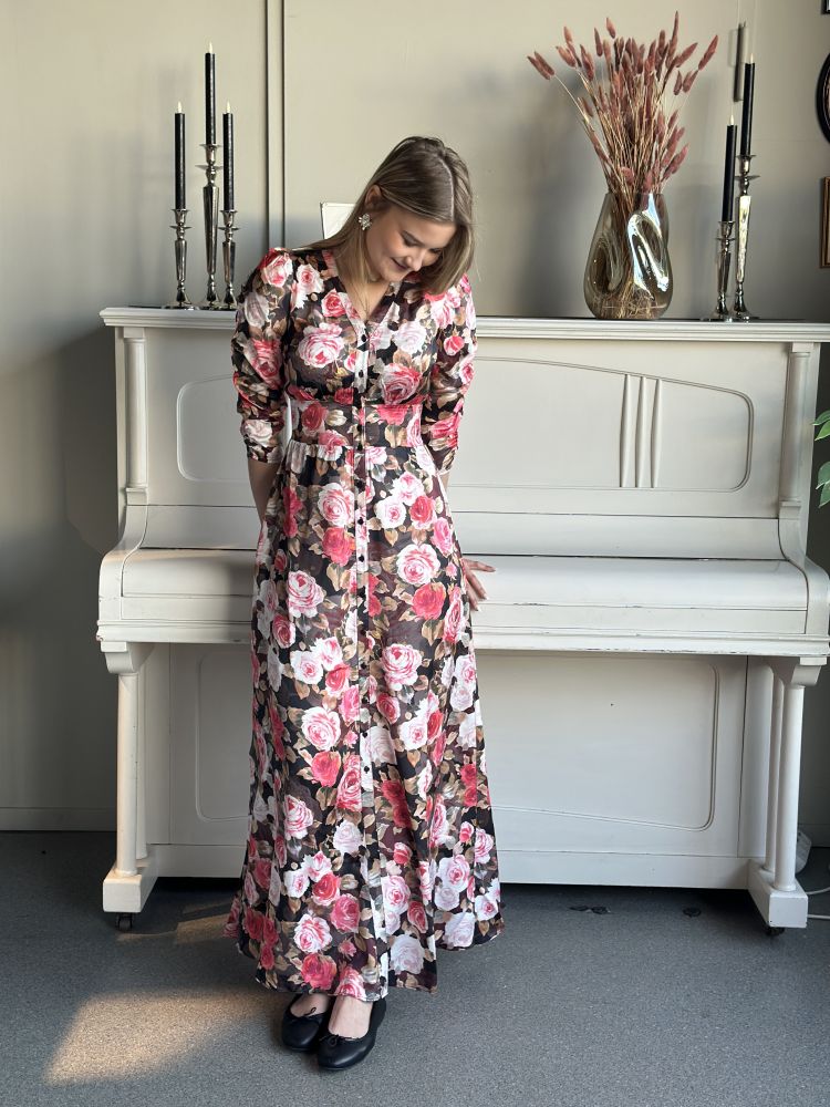 Satin Button-Down Dress Midnight Roses