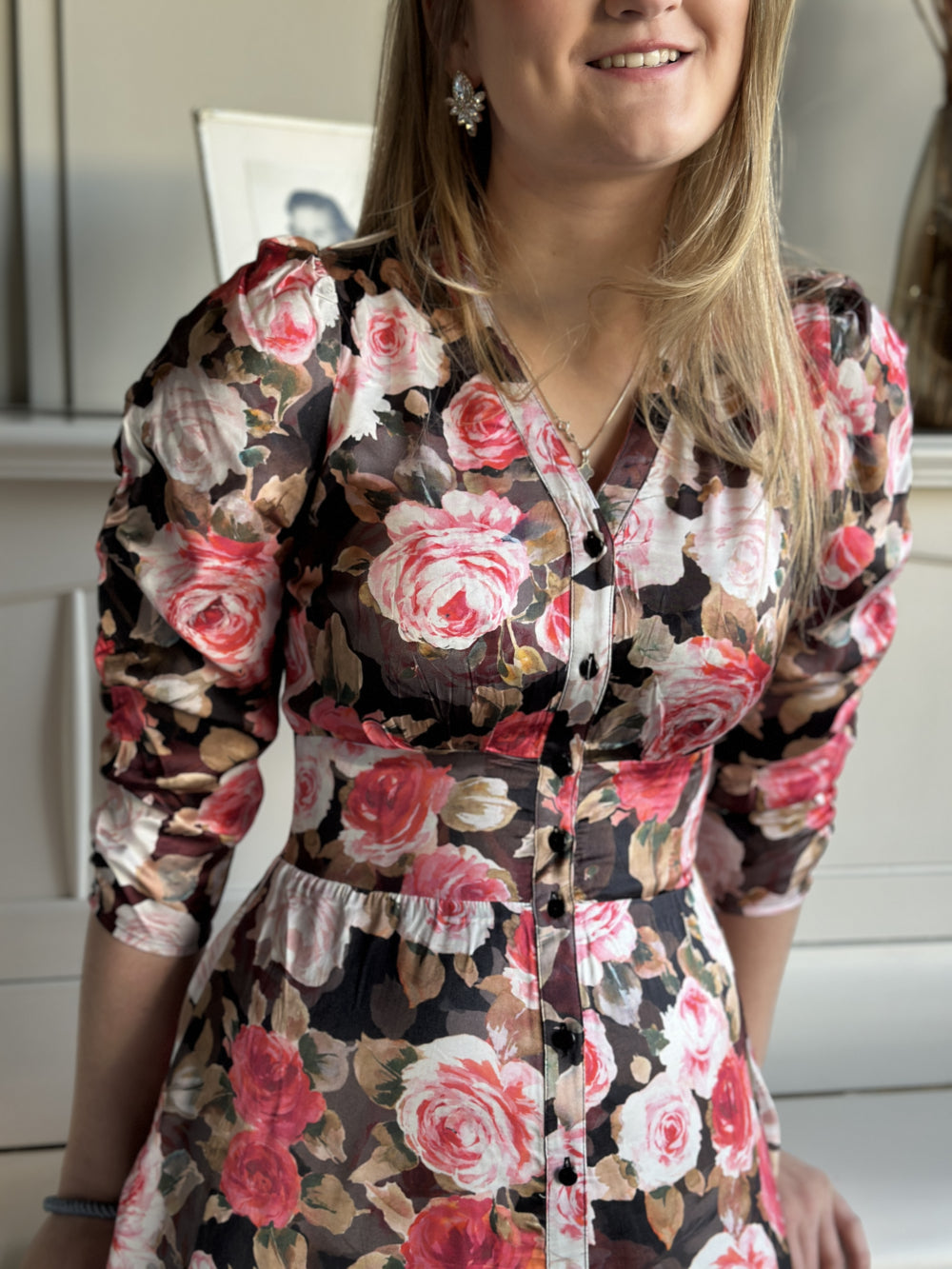 Satin Button-Down Dress Midnight Roses