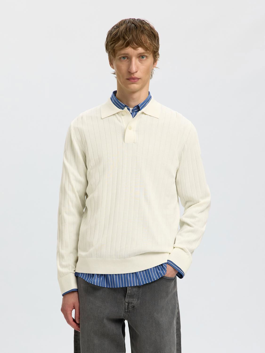 Slmtorino Ls Knit Rib Polo Egret
