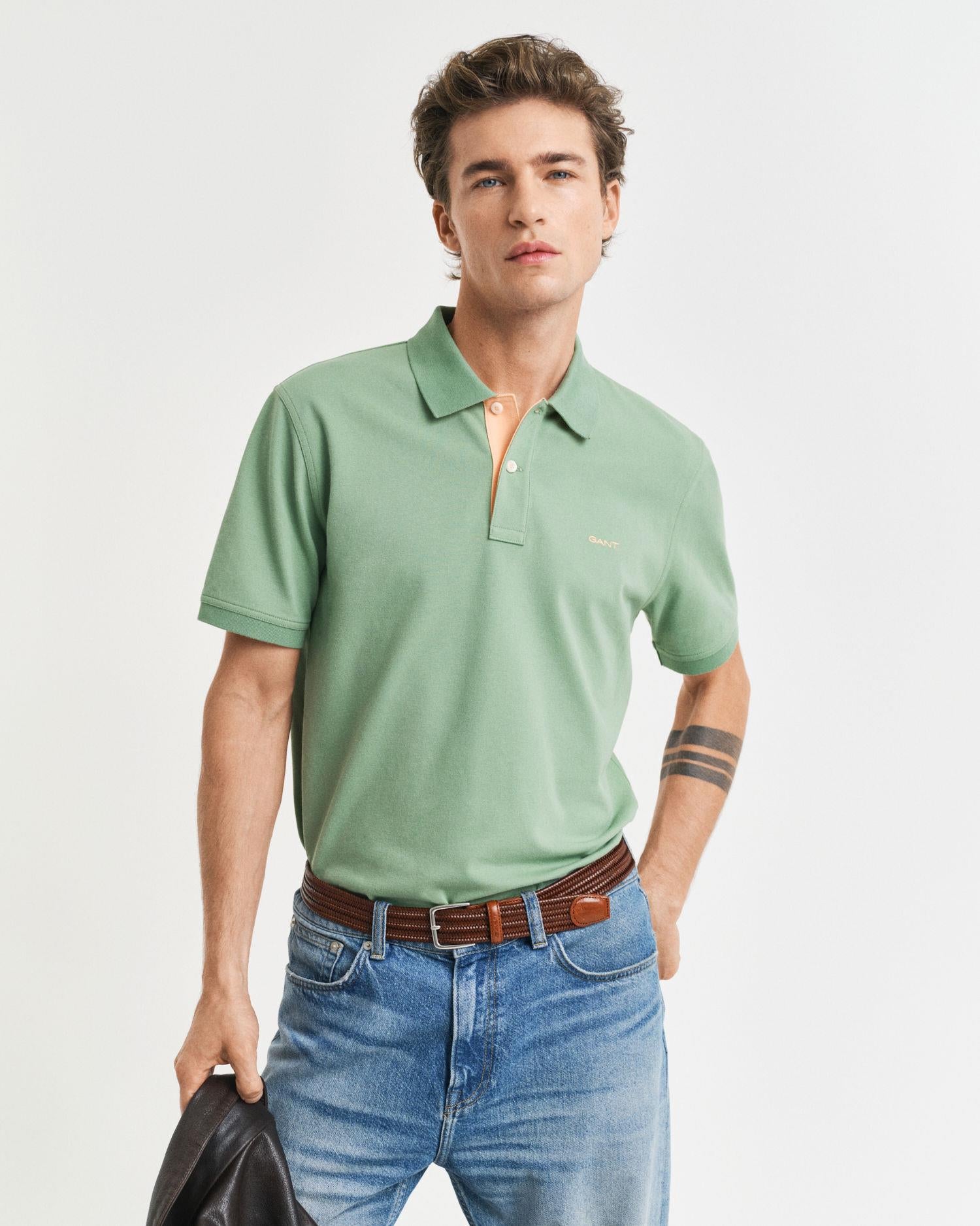 Reg Contrast Pique SS Polo Kalamata Green