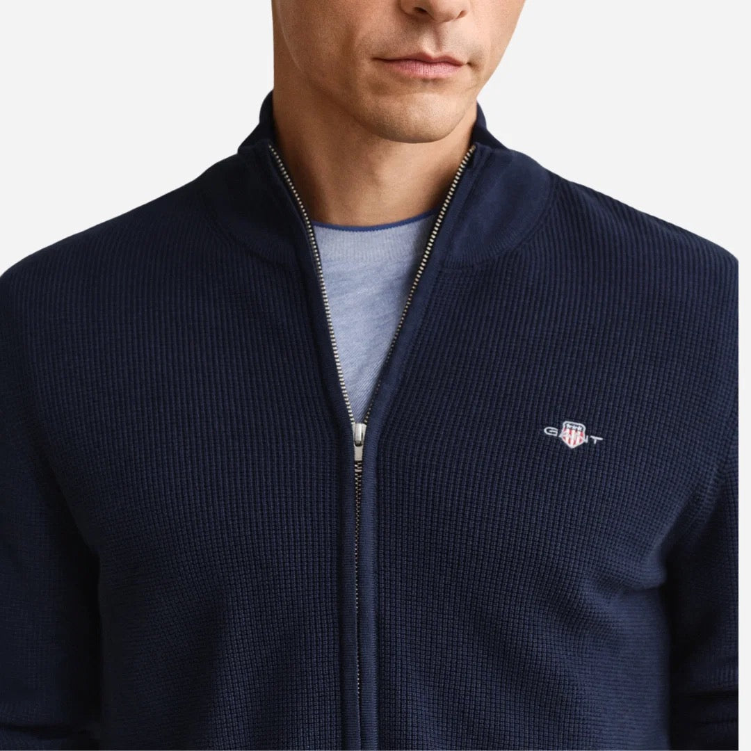 Waffle Knit Zip Cardigan Evening Blue