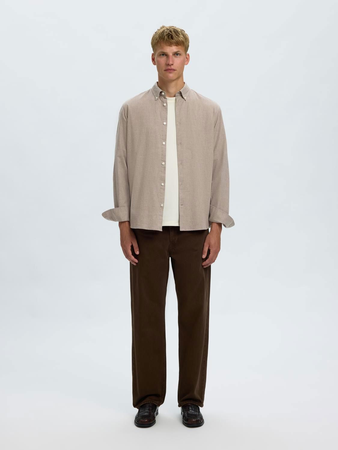 Slmcole-Jay Reg Melange Ls Shirt Cornstalk Melange