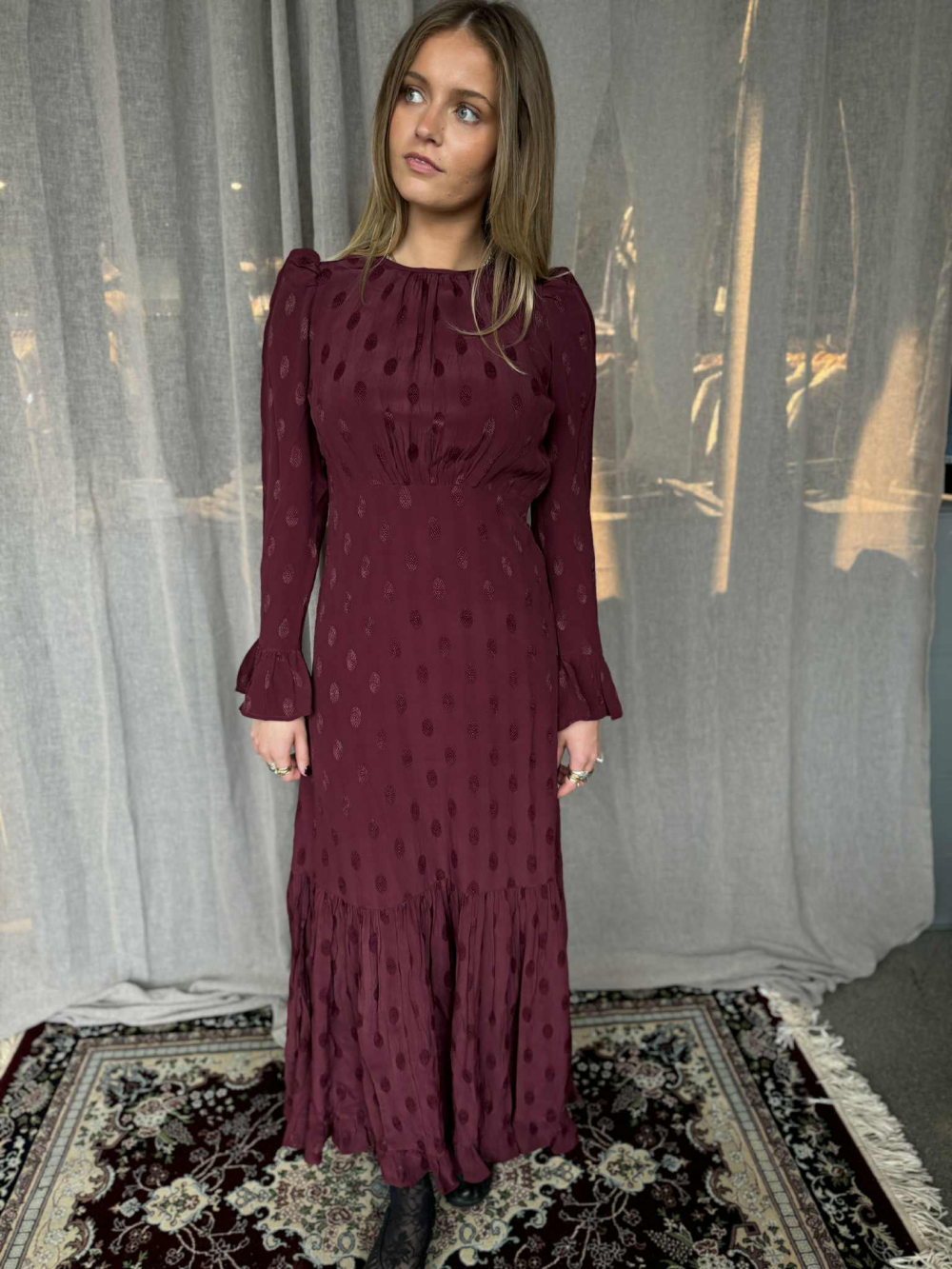 Viscose Flounce Dress Burgundy