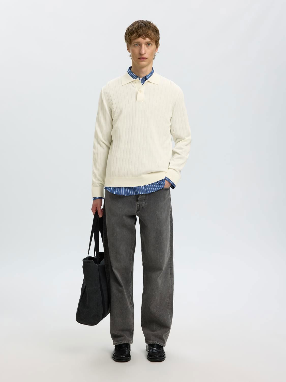 Slmtorino Ls Knit Rib Polo Egret