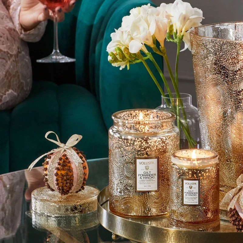Gilt Pomander & Hinoki Mini Glass Jar Candle w.Lid