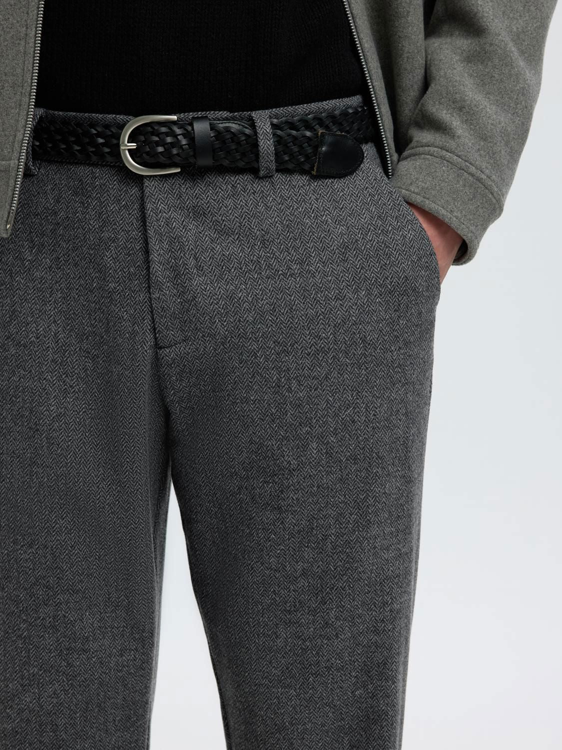 Slm190-Reg Tape Luke Wool Blend Pants Dark Grey Herringbone