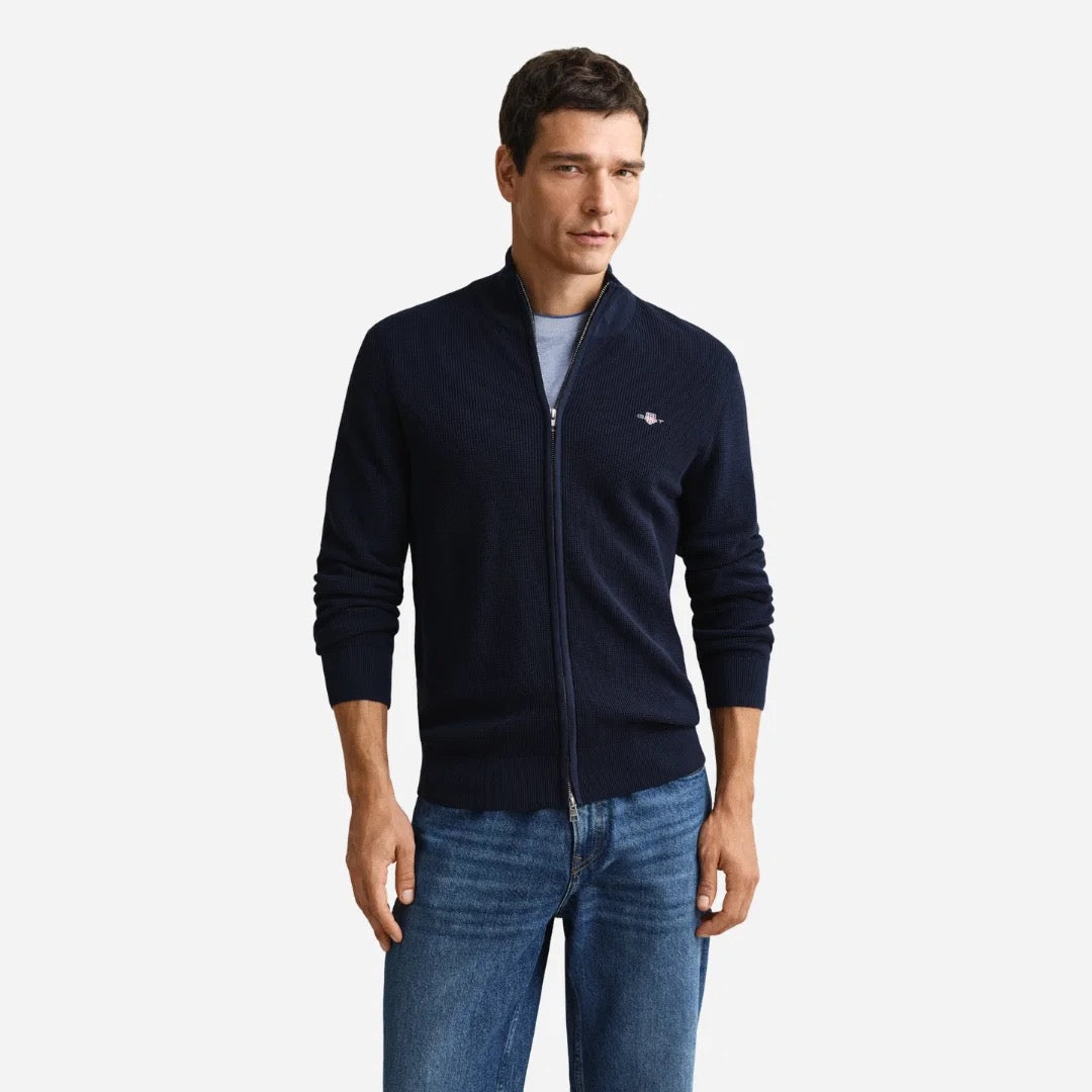 Waffle Knit Zip Cardigan Evening Blue