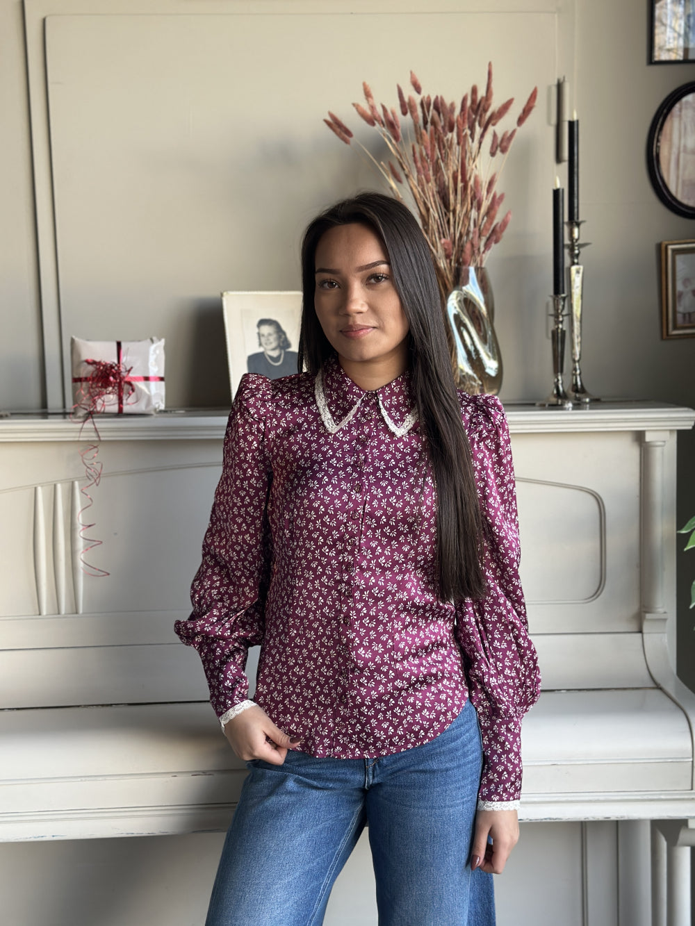 Satin Blouse Burgundy Petals