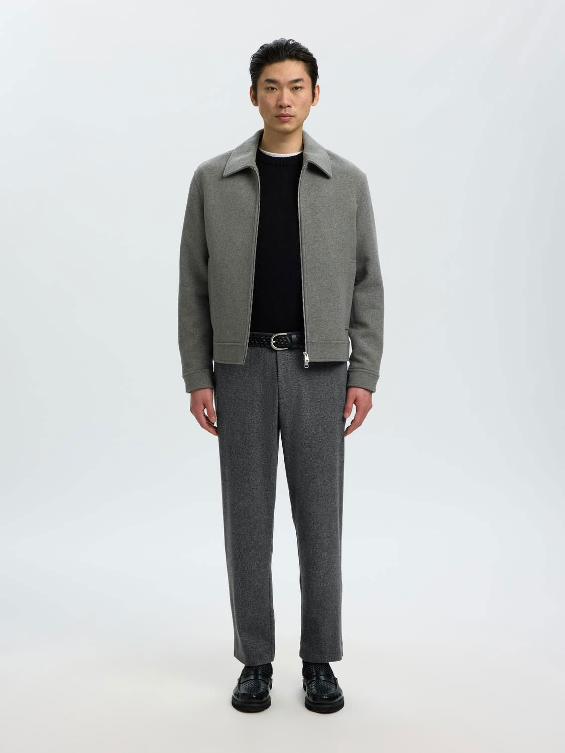 Slm190-Reg Tape Luke Wool Blend Pants Dark Grey Herringbone