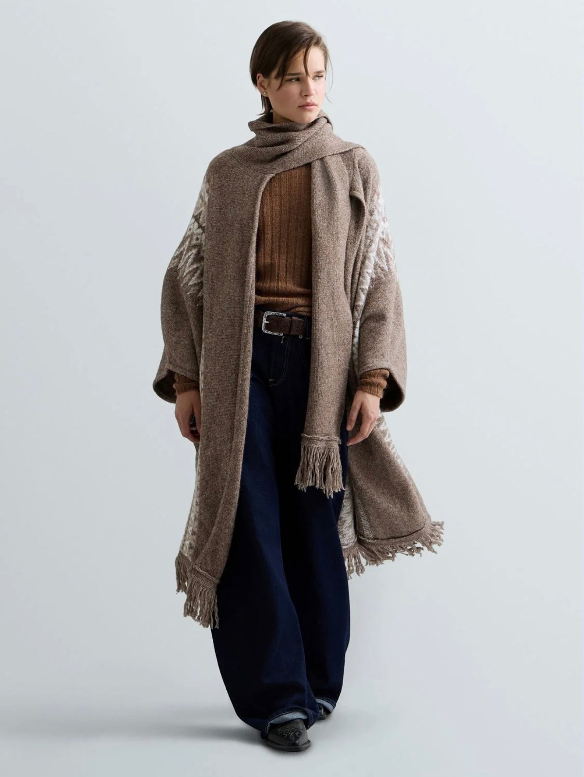 Long Pocho With Attached Scarf Nut Melange/Light Talpe Melange