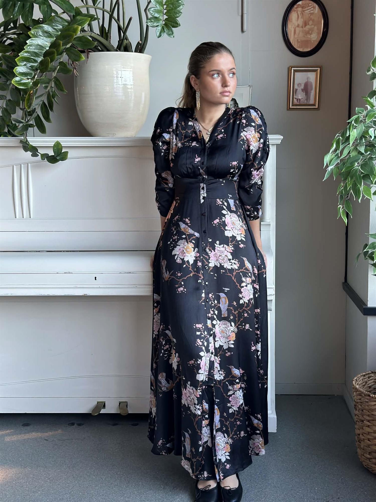 Satin Button-Down Dress Midnight Birds