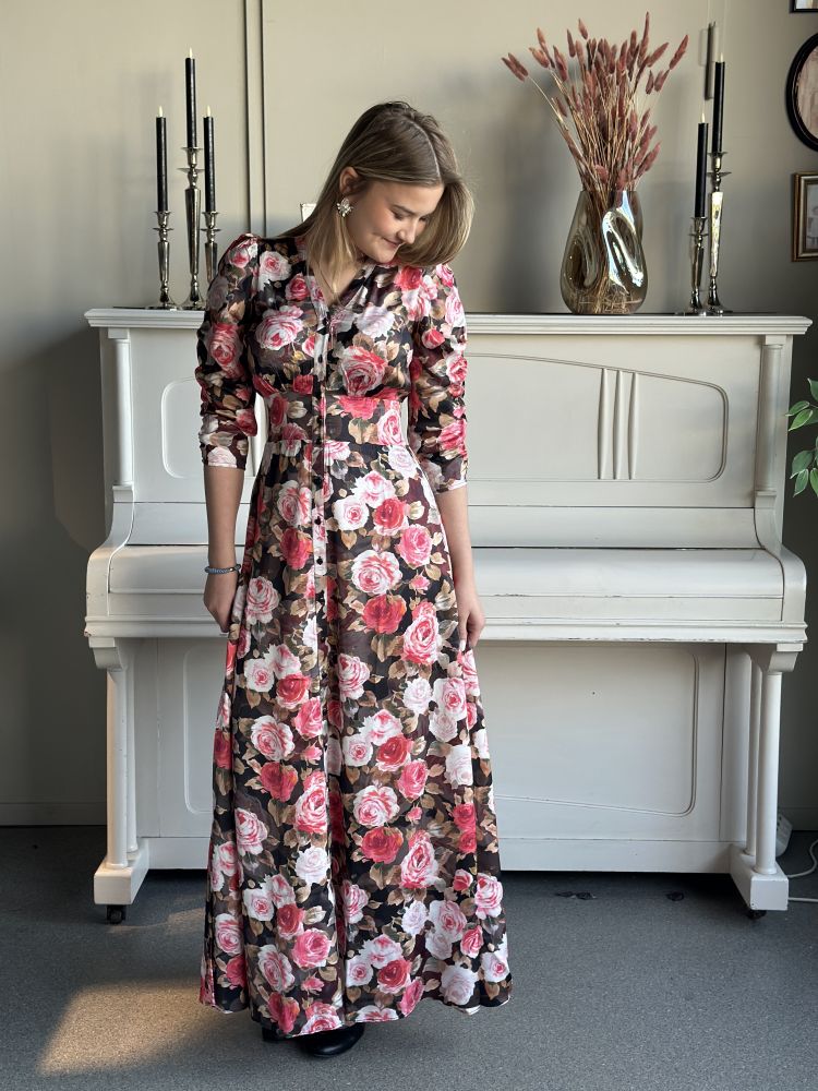 Satin Button-Down Dress Midnight Roses